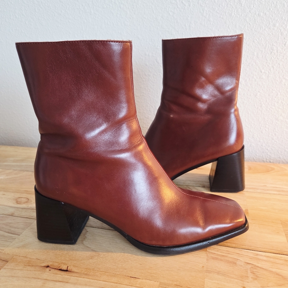 Jeffrey Campbell Brown Leather Mid-Calf Block Heel Boots